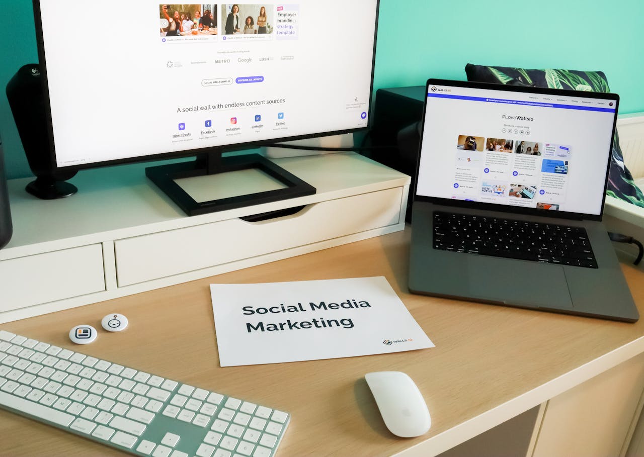 home-services-01 Stylish workspace with laptop and monitor for social media marketing.